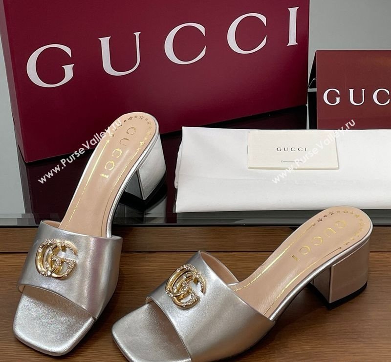 Gucci Leather Heel Slides Sandal 5.5cm with Strass Double G Silver 2025 817257 (MD-250423035)