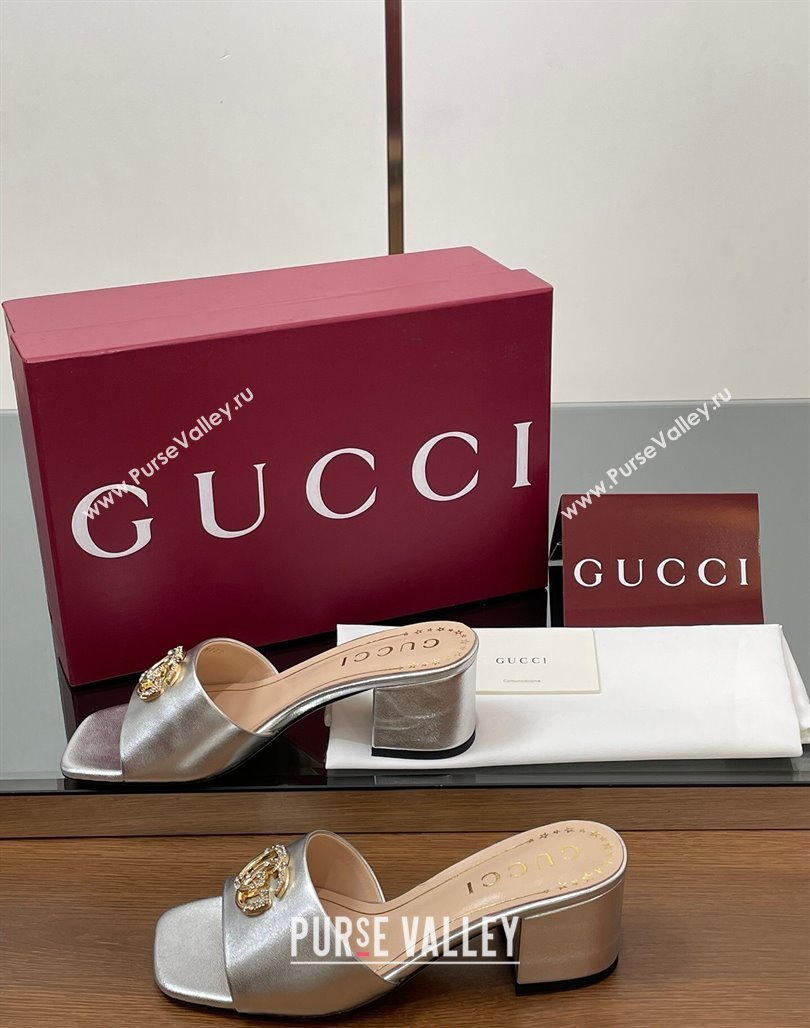 Gucci Leather Heel Slides Sandal 5.5cm with Strass Double G Silver 2025 817257 (MD-250423035)