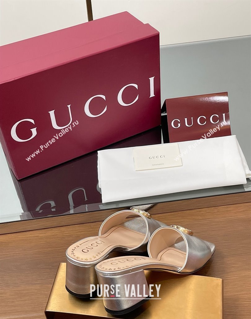 Gucci Leather Heel Slides Sandal 5.5cm with Strass Double G Silver 2025 817257 (MD-250423035)