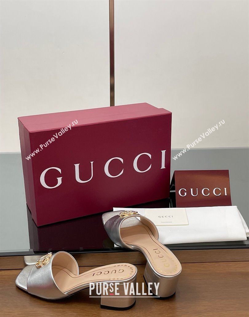 Gucci Leather Heel Slides Sandal 5.5cm with Strass Double G Silver 2025 817257 (MD-250423035)