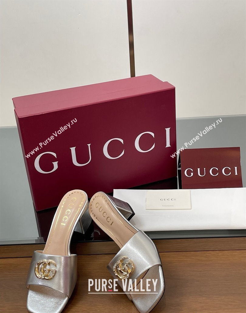 Gucci Leather Heel Slides Sandal 5.5cm with Strass Double G Silver 2025 817257 (MD-250423035)