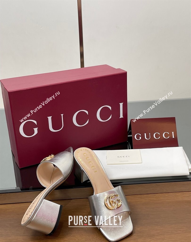 Gucci Leather Heel Slides Sandal 5.5cm with Strass Double G Silver 2025 817257 (MD-250423035)