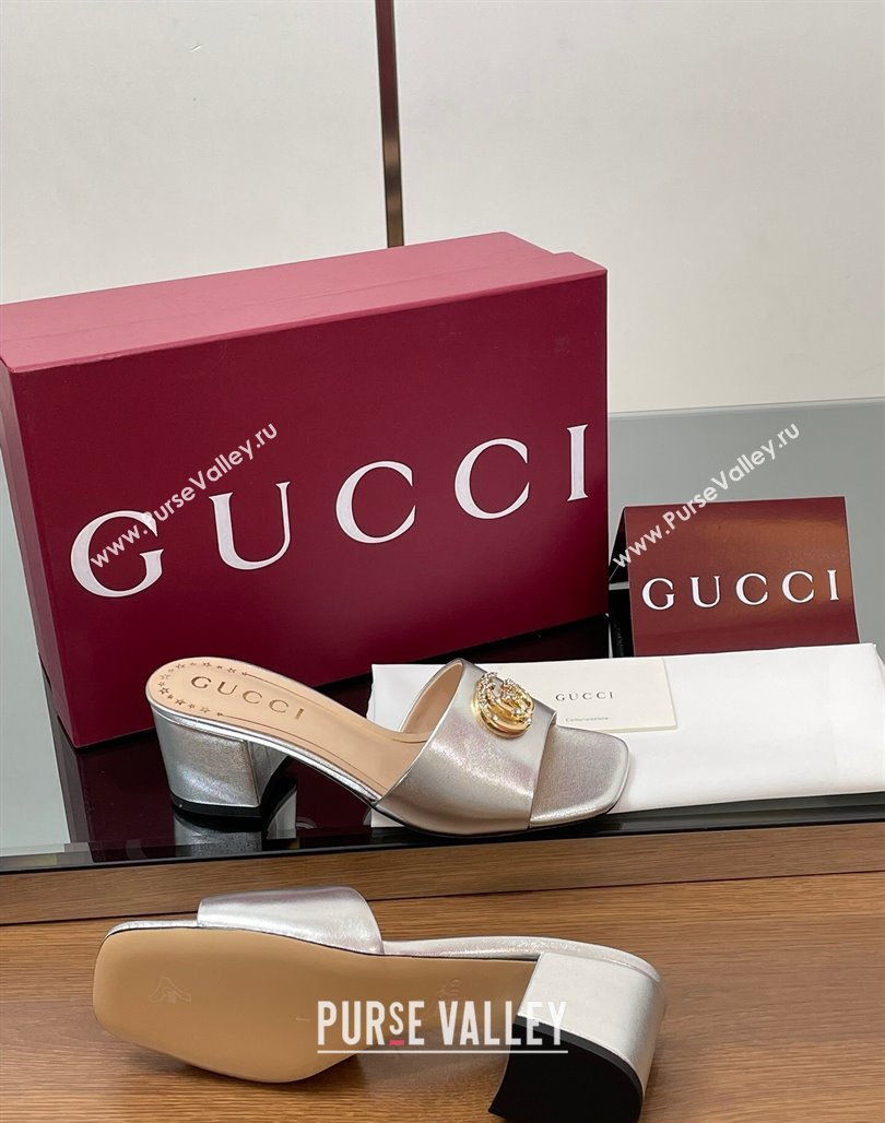 Gucci Leather Heel Slides Sandal 5.5cm with Strass Double G Silver 2025 817257 (MD-250423035)