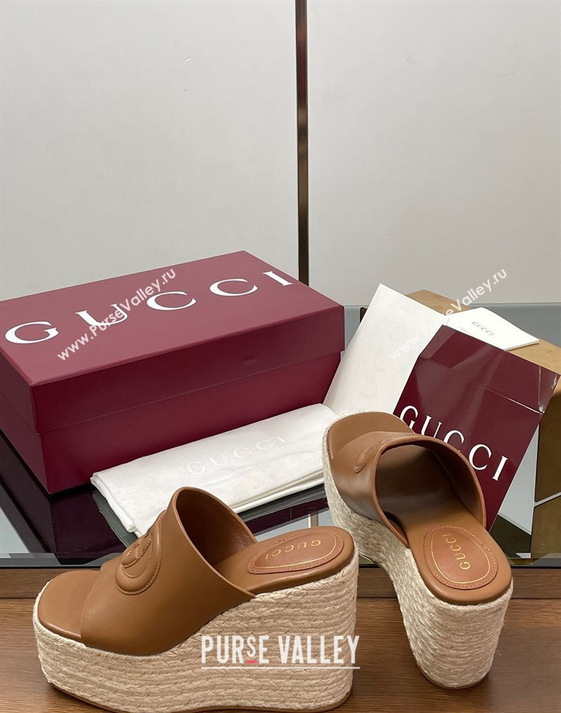 Gucci Leather Interlocking G Wedge Slides Sandal 11cm Brown 2025 817212 (MD-250423009)