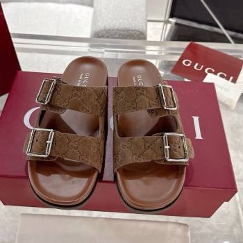 Gucci GG Suede Flat Slides Sandal with Buckle Brown 2025 GG042302 (MD-250423091)