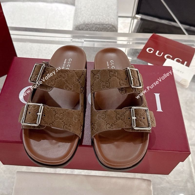 Gucci GG Suede Flat Slides Sandal with Buckle Brown 2025 GG042302 (MD-250423091)