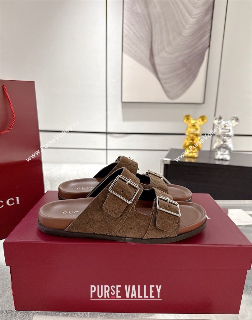 Gucci GG Suede Flat Slides Sandal with Buckle Brown 2025 GG042302 (MD-250423091)