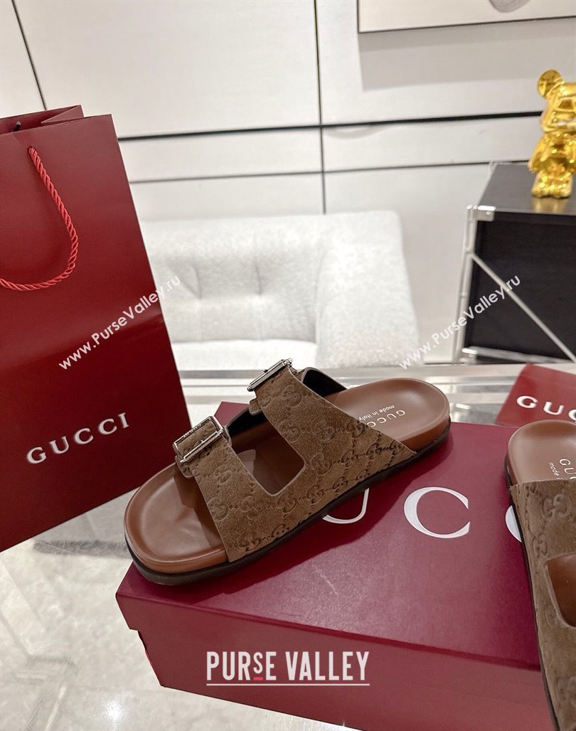 Gucci GG Suede Flat Slides Sandal with Buckle Brown 2025 GG042302 (MD-250423091)