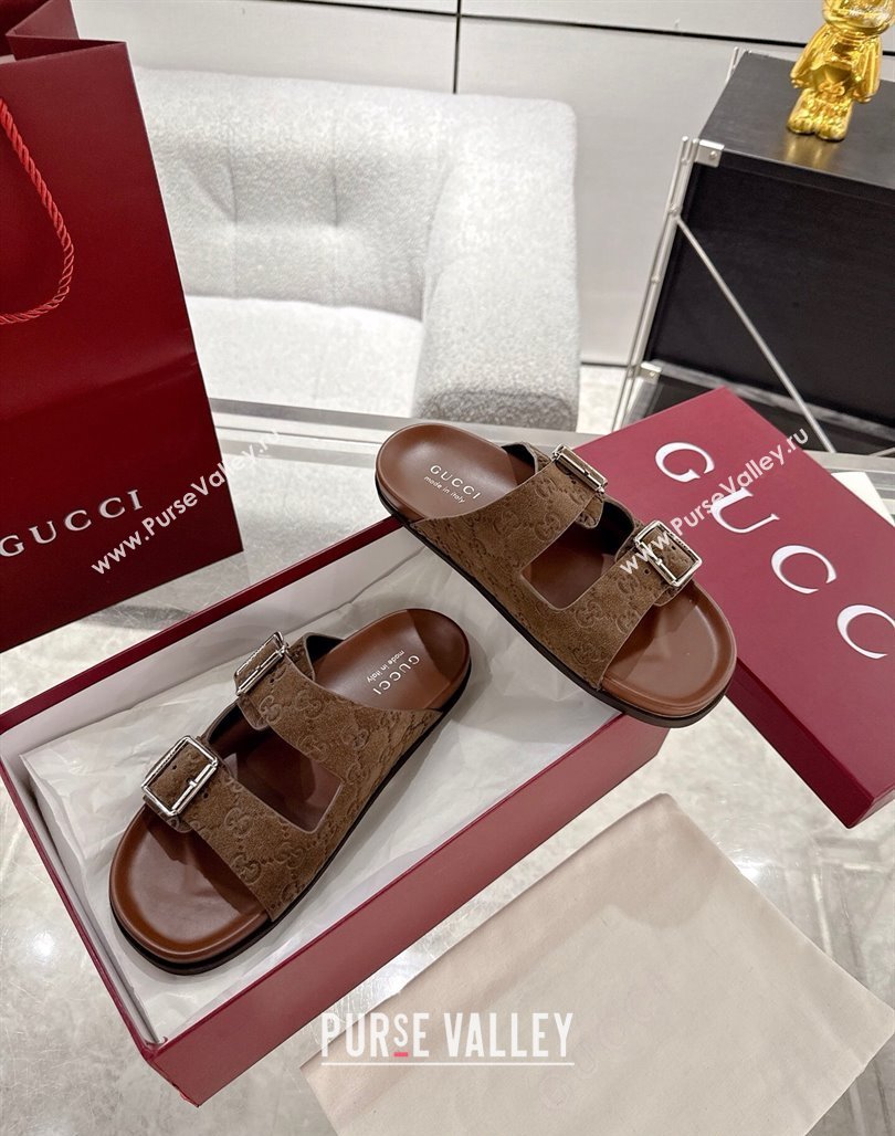 Gucci GG Suede Flat Slides Sandal with Buckle Brown 2025 GG042302 (MD-250423091)