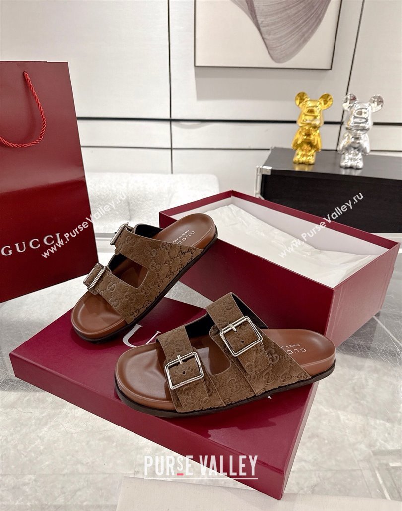 Gucci GG Suede Flat Slides Sandal with Buckle Brown 2025 GG042302 (MD-250423091)