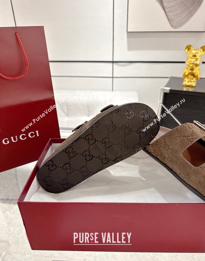 Gucci GG Suede Flat Slides Sandal with Buckle Brown 2025 GG042302 (MD-250423091)