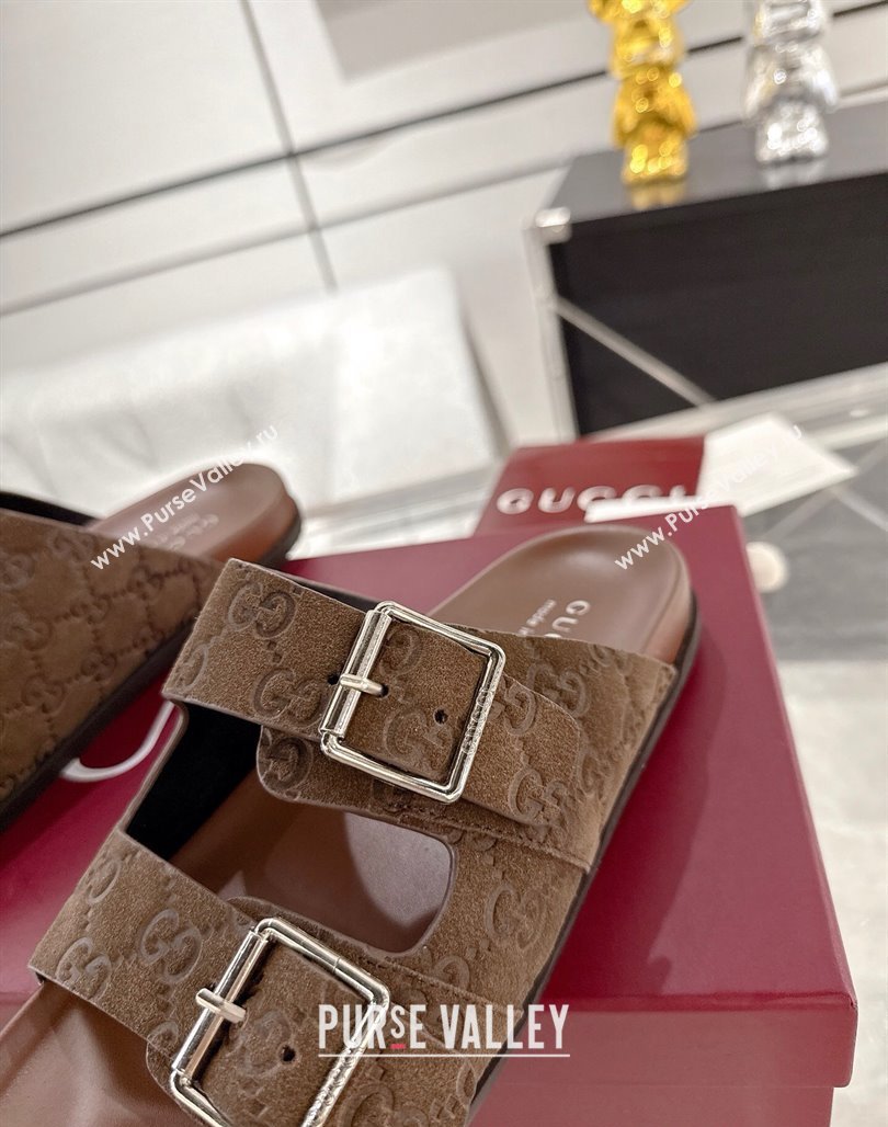 Gucci GG Suede Flat Slides Sandal with Buckle Brown 2025 GG042302 (MD-250423091)