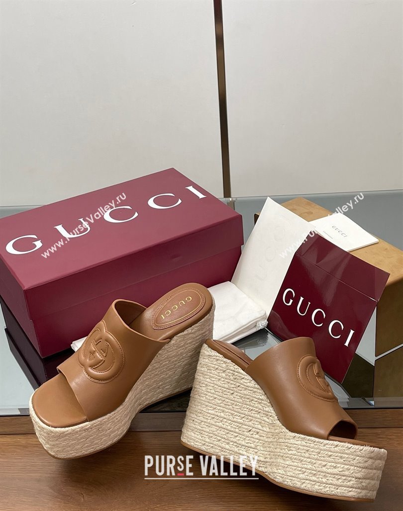 Gucci Leather Interlocking G Wedge Slides Sandal 11cm Brown 2025 817212 (MD-250423009)