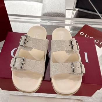 Gucci GG Suede Flat Slides Sandal with Buckle Beige 2025 GG042302 (MD-250423092)