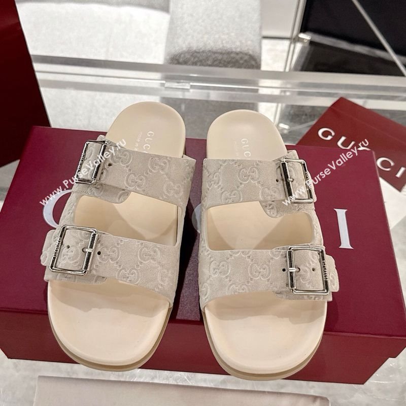 Gucci GG Suede Flat Slides Sandal with Buckle Beige 2025 GG042302 (MD-250423092)