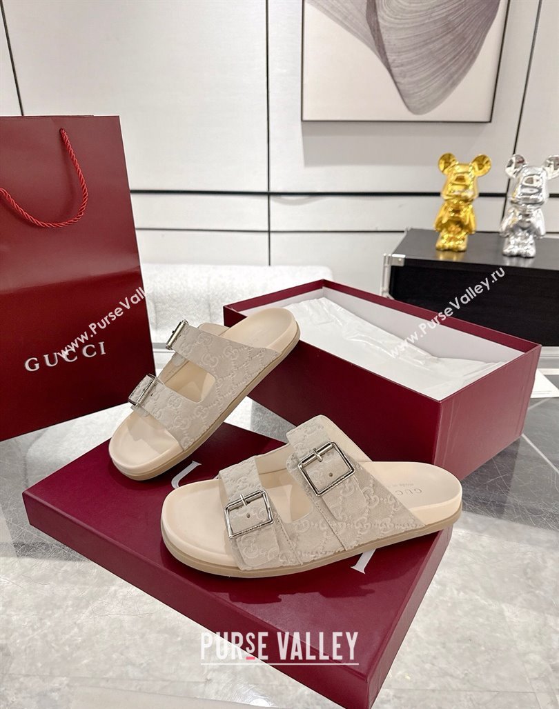Gucci GG Suede Flat Slides Sandal with Buckle Beige 2025 GG042302 (MD-250423092)