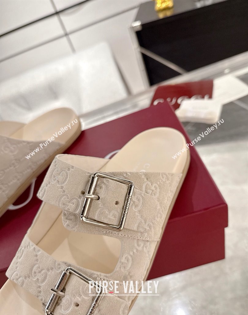 Gucci GG Suede Flat Slides Sandal with Buckle Beige 2025 GG042302 (MD-250423092)