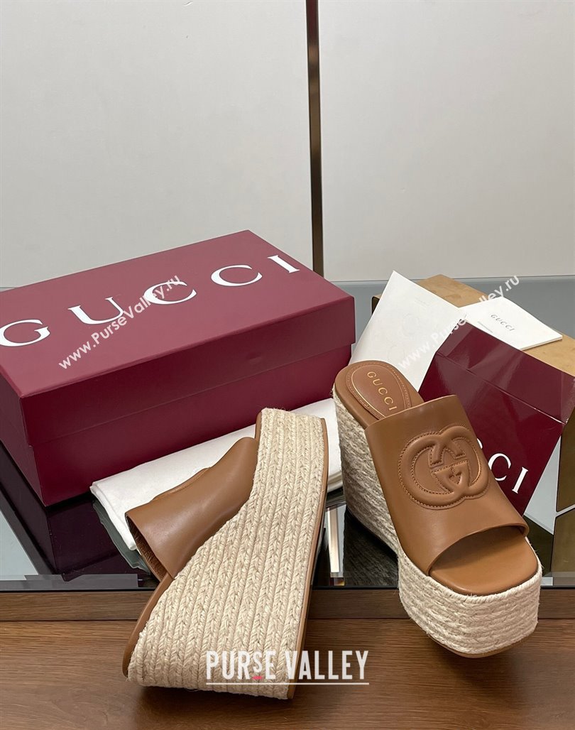 Gucci Leather Interlocking G Wedge Slides Sandal 11cm Brown 2025 817212 (MD-250423009)