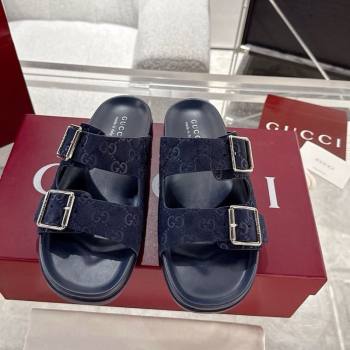 Gucci GG Suede Flat Slides Sandal with Buckle Blue 2025 GG042302 (MD-250423093)