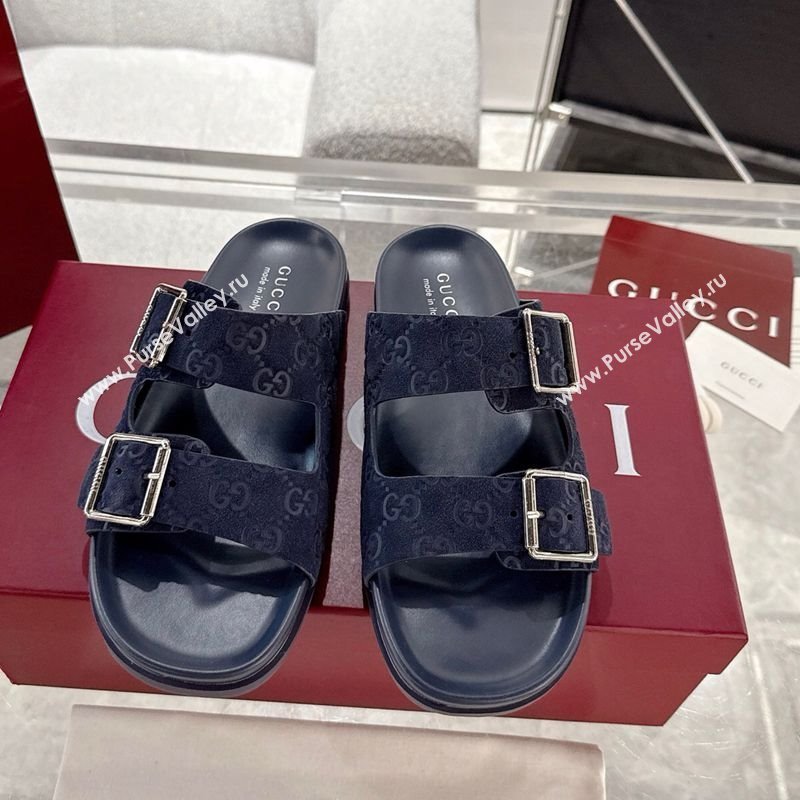 Gucci GG Suede Flat Slides Sandal with Buckle Blue 2025 GG042302 (MD-250423093)