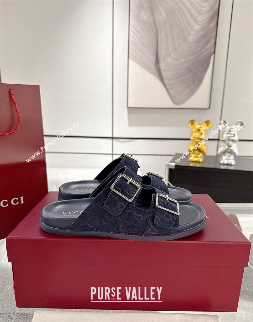 Gucci GG Suede Flat Slides Sandal with Buckle Blue 2025 GG042302 (MD-250423093)