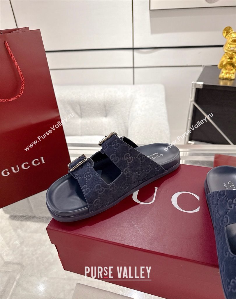 Gucci GG Suede Flat Slides Sandal with Buckle Blue 2025 GG042302 (MD-250423093)