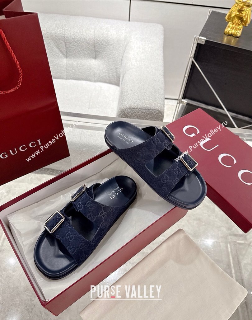 Gucci GG Suede Flat Slides Sandal with Buckle Blue 2025 GG042302 (MD-250423093)