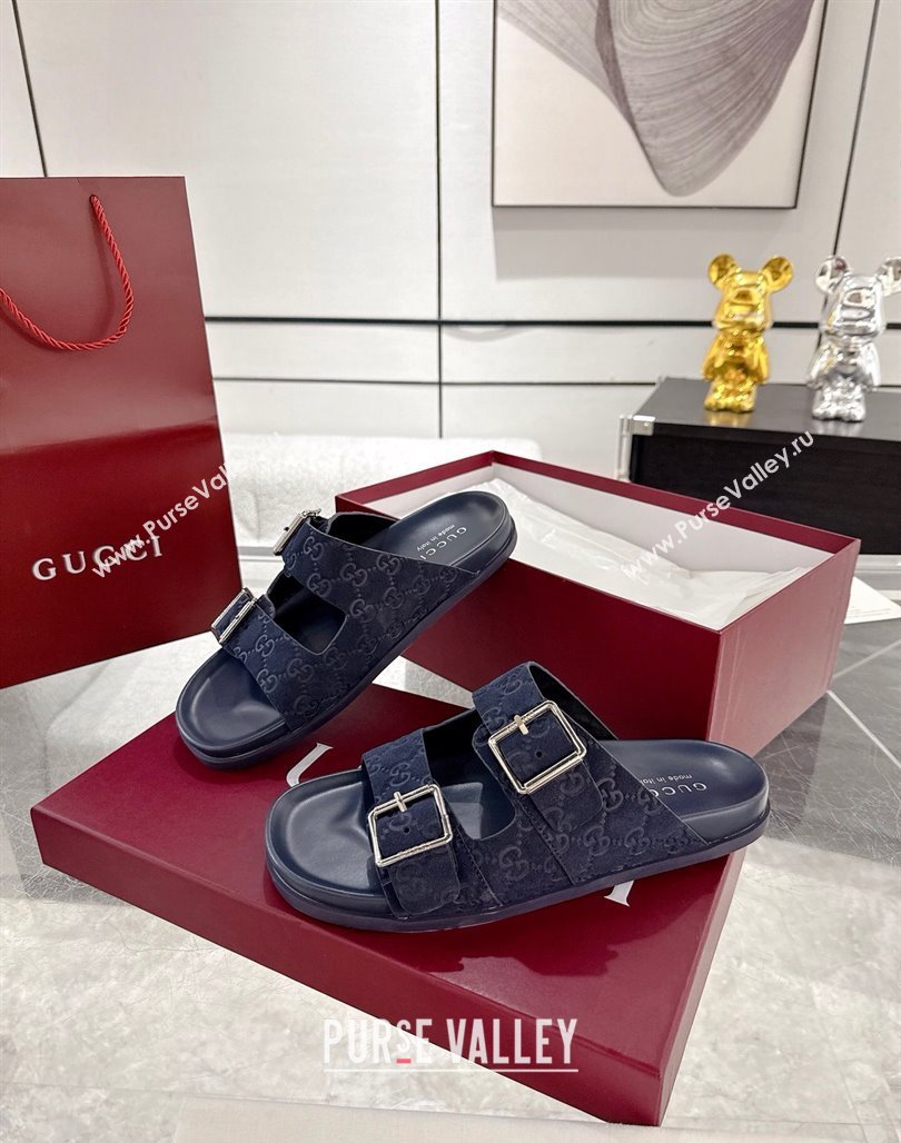 Gucci GG Suede Flat Slides Sandal with Buckle Blue 2025 GG042302 (MD-250423093)