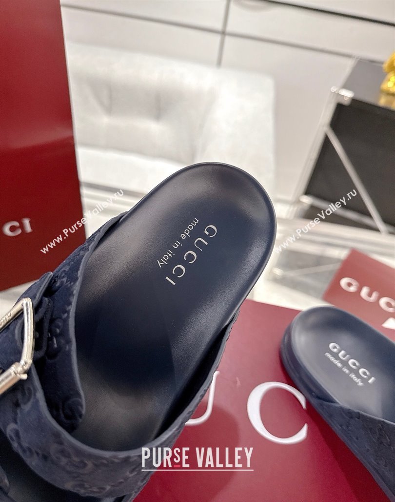 Gucci GG Suede Flat Slides Sandal with Buckle Blue 2025 GG042302 (MD-250423093)