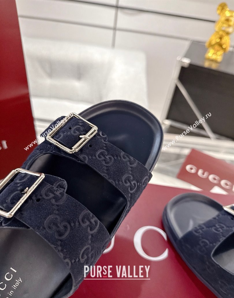 Gucci GG Suede Flat Slides Sandal with Buckle Blue 2025 GG042302 (MD-250423093)
