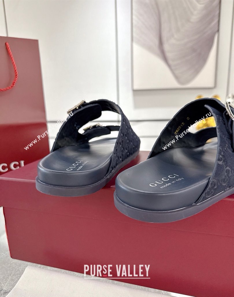 Gucci GG Suede Flat Slides Sandal with Buckle Blue 2025 GG042302 (MD-250423093)
