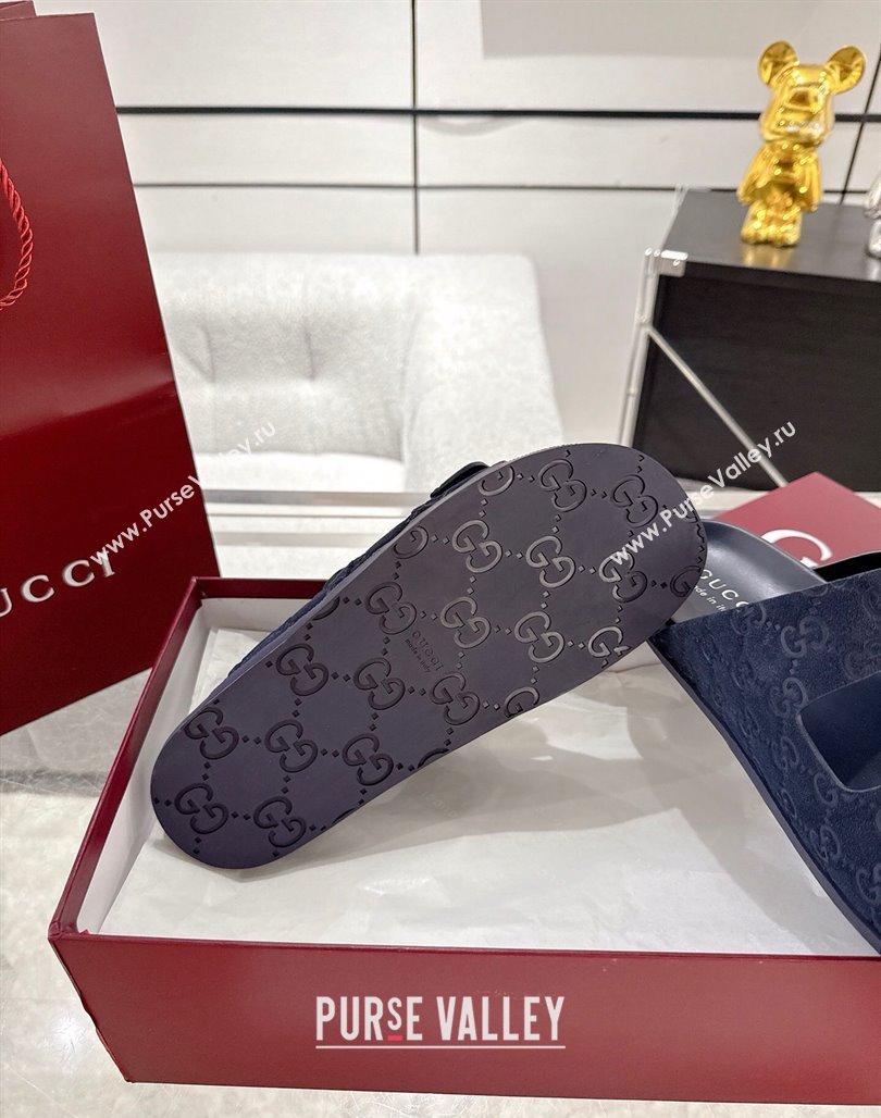 Gucci GG Suede Flat Slides Sandal with Buckle Blue 2025 GG042302 (MD-250423093)