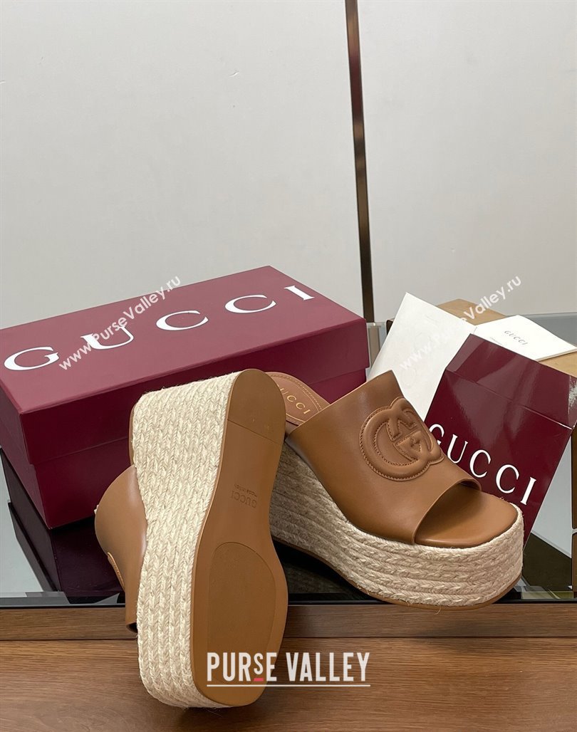 Gucci Leather Interlocking G Wedge Slides Sandal 11cm Brown 2025 817212 (MD-250423009)