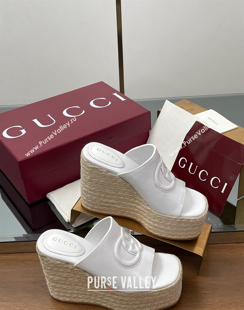 Gucci Leather Interlocking G Wedge Slides Sandal 11cm White 2025 817212 (MD-250423010)