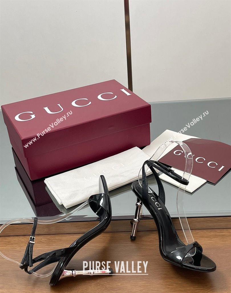 Gucci Patent Leather Sandals 9.5cm with Bamboo-Effect Heel Black 2025 812999 (MD-250423001)