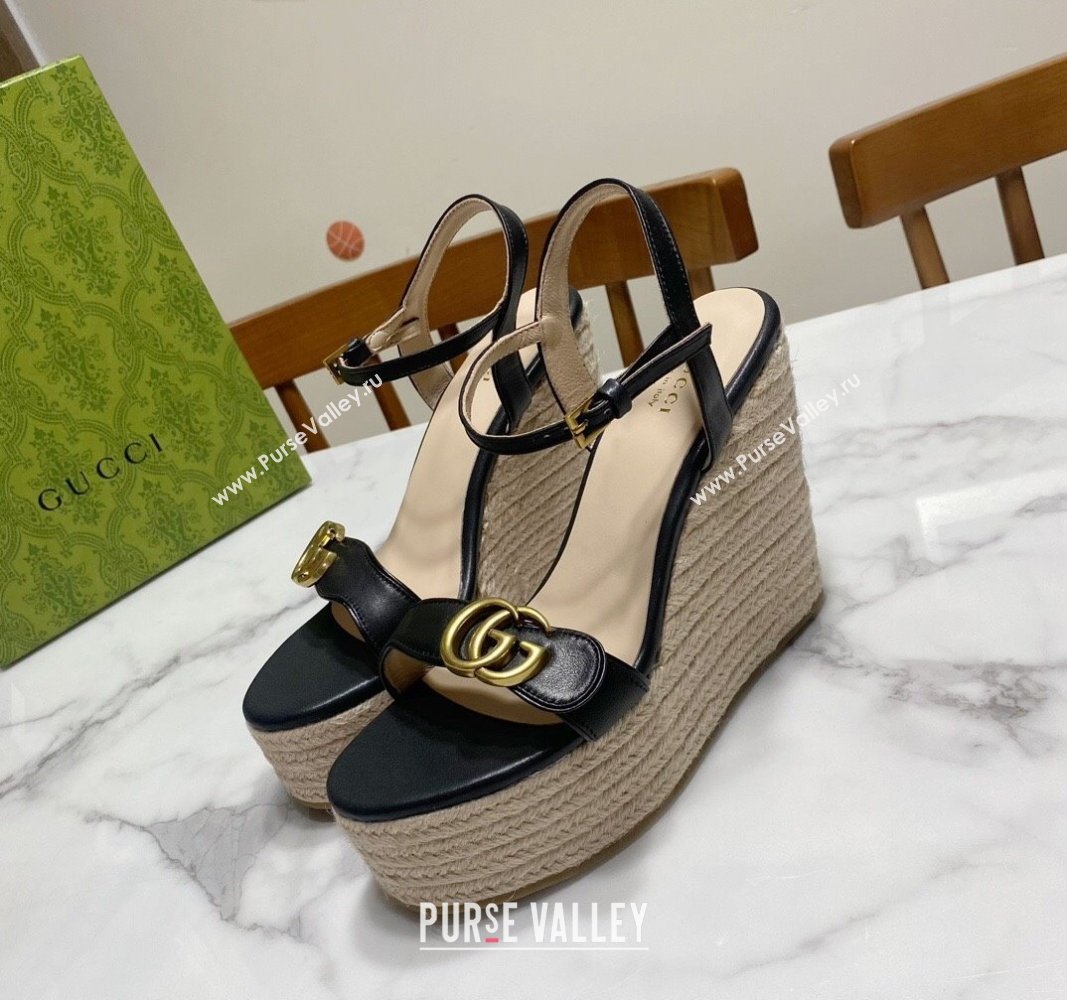 Gucci Wave Leather Platform Espadrille Sandals 12cm Black 2025 GG042304 (SS-250423130)