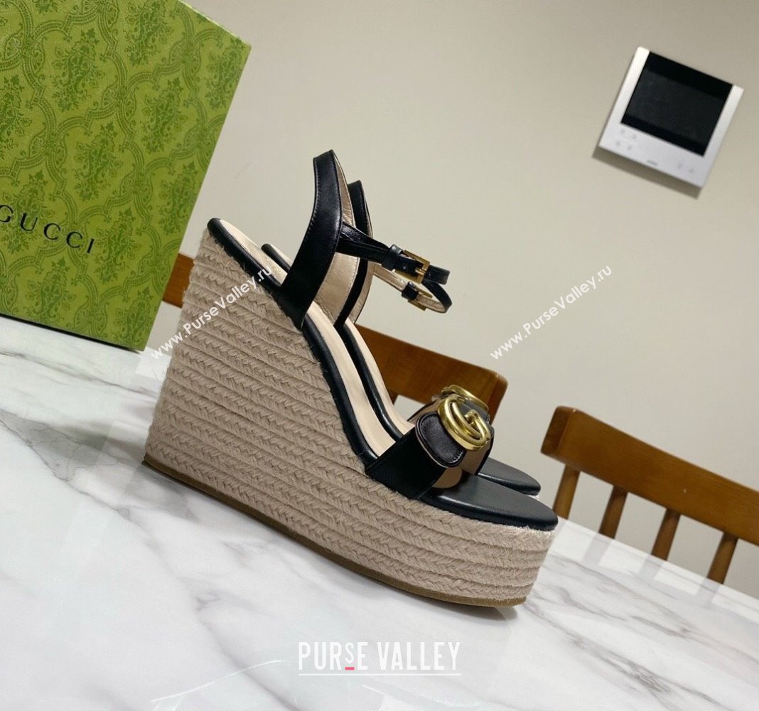 Gucci Wave Leather Platform Espadrille Sandals 12cm Black 2025 GG042304 (SS-250423130)