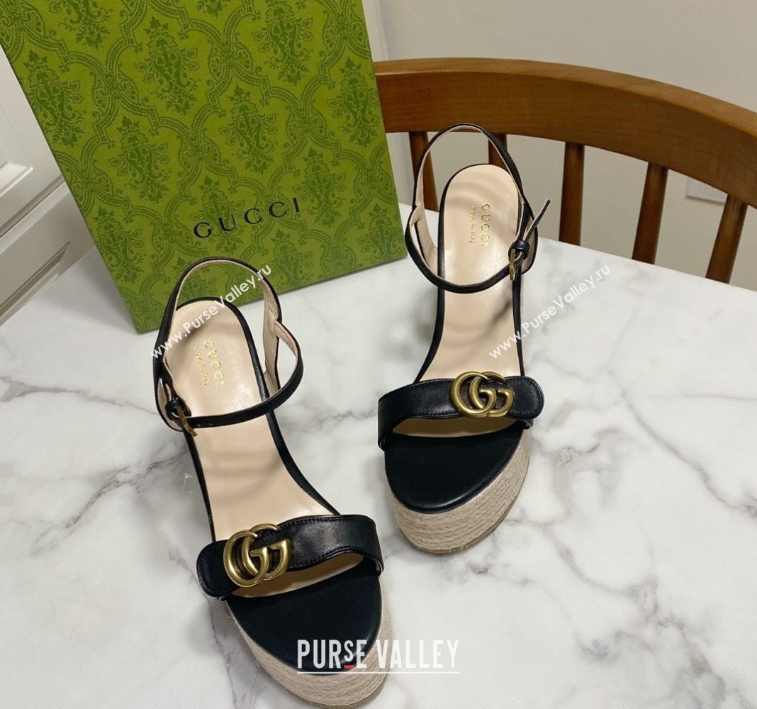 Gucci Wave Leather Platform Espadrille Sandals 12cm Black 2025 GG042304 (SS-250423130)