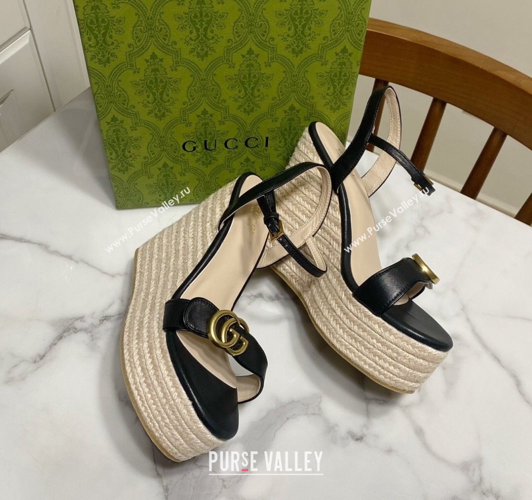 Gucci Wave Leather Platform Espadrille Sandals 12cm Black 2025 GG042304 (SS-250423130)