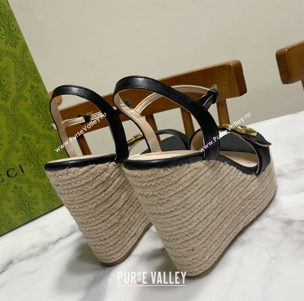 Gucci Wave Leather Platform Espadrille Sandals 12cm Black 2025 GG042304 (SS-250423130)