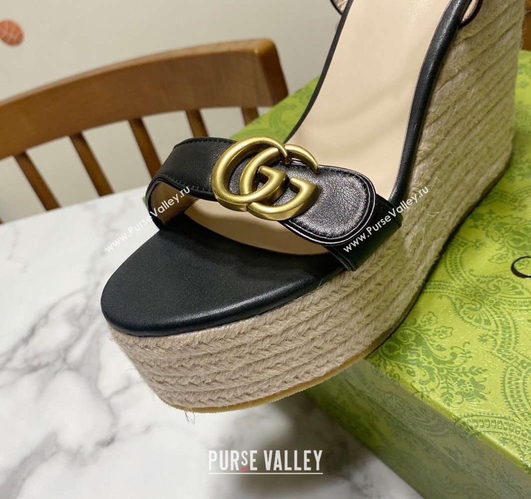 Gucci Wave Leather Platform Espadrille Sandals 12cm Black 2025 GG042304 (SS-250423130)