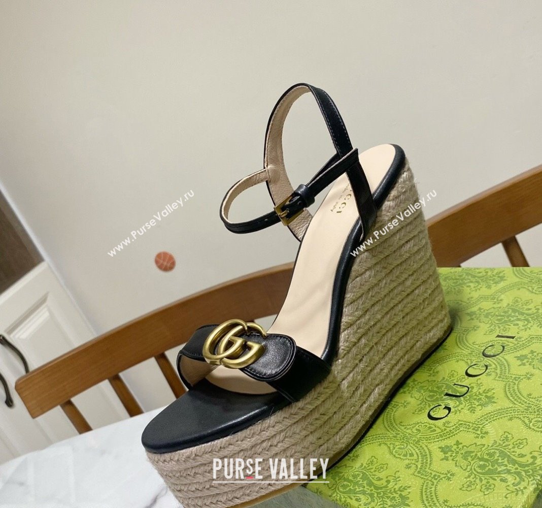 Gucci Wave Leather Platform Espadrille Sandals 12cm Black 2025 GG042304 (SS-250423130)
