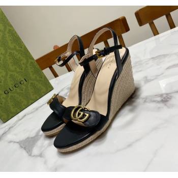 Gucci Wave Leather Wedge Espadrille Sandals 10cm Black 2025 GG042304 (SS-250423132)