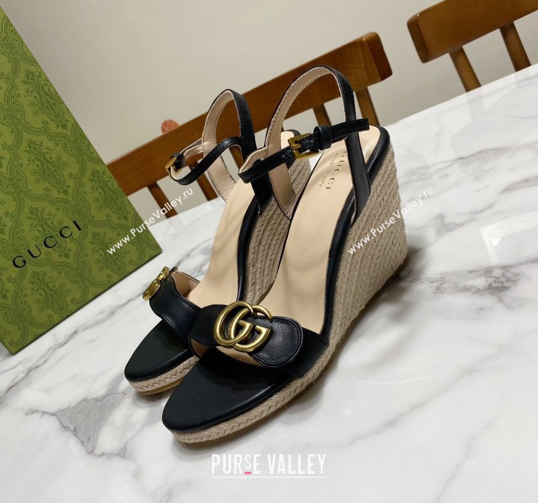Gucci Wave Leather Wedge Espadrille Sandals 10cm Black 2025 GG042304 (SS-250423132)