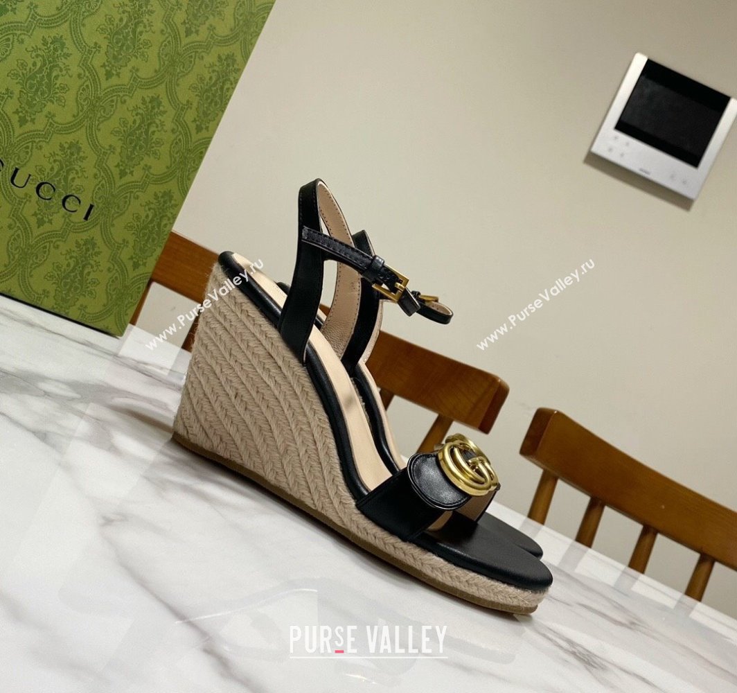 Gucci Wave Leather Wedge Espadrille Sandals 10cm Black 2025 GG042304 (SS-250423132)