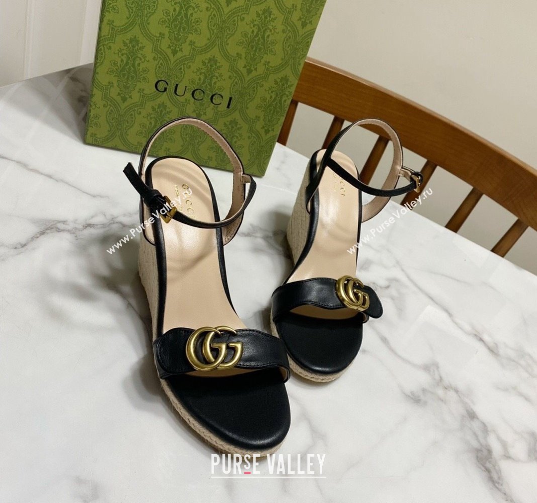Gucci Wave Leather Wedge Espadrille Sandals 10cm Black 2025 GG042304 (SS-250423132)