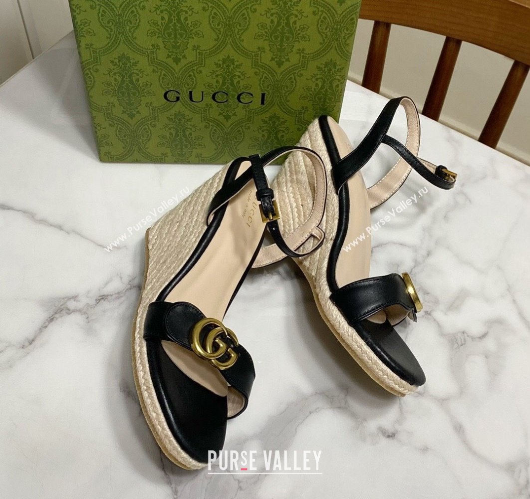 Gucci Wave Leather Wedge Espadrille Sandals 10cm Black 2025 GG042304 (SS-250423132)