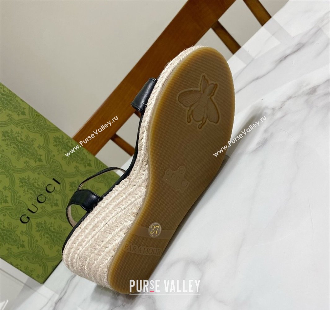 Gucci Wave Leather Wedge Espadrille Sandals 10cm Black 2025 GG042304 (SS-250423132)