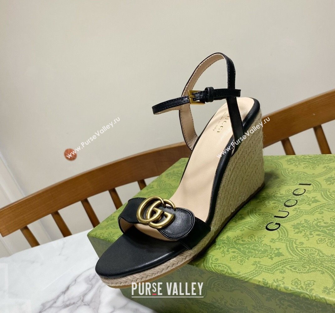 Gucci Wave Leather Wedge Espadrille Sandals 10cm Black 2025 GG042304 (SS-250423132)