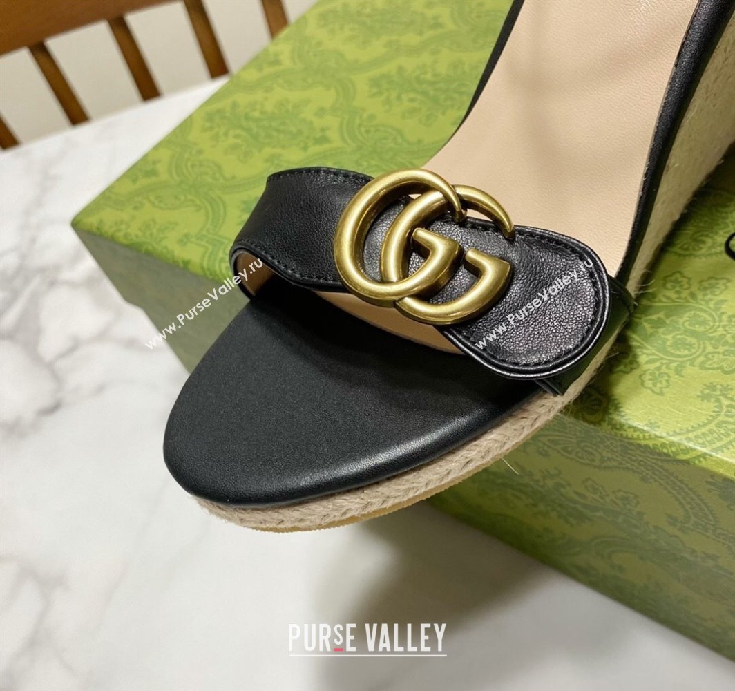 Gucci Wave Leather Wedge Espadrille Sandals 10cm Black 2025 GG042304 (SS-250423132)